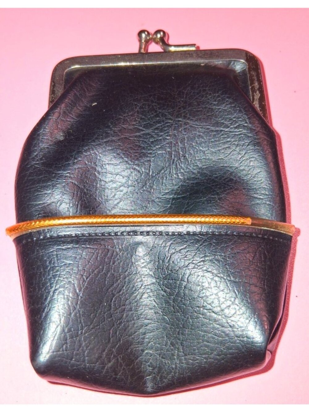 Vintage 1970s Black Leather Coin Purse With Gold Accent & Kiss Lock 5x3.5 Inches